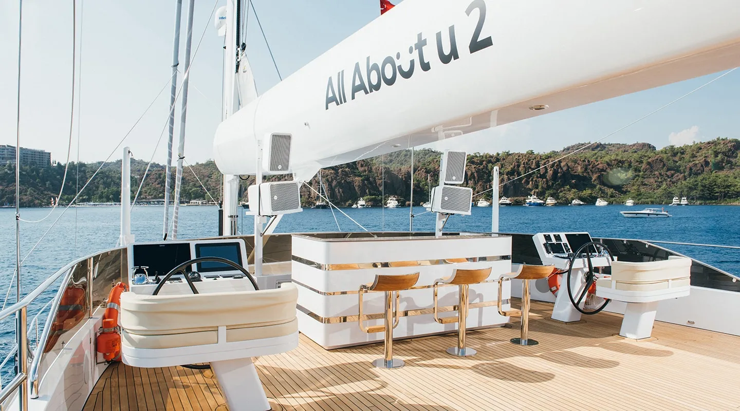The deck of a luxury yacht named All About u 2 features two steering wheels, a sleek white bar with wooden stools, and scenic views of calm water, green hills, and other boats in the background.