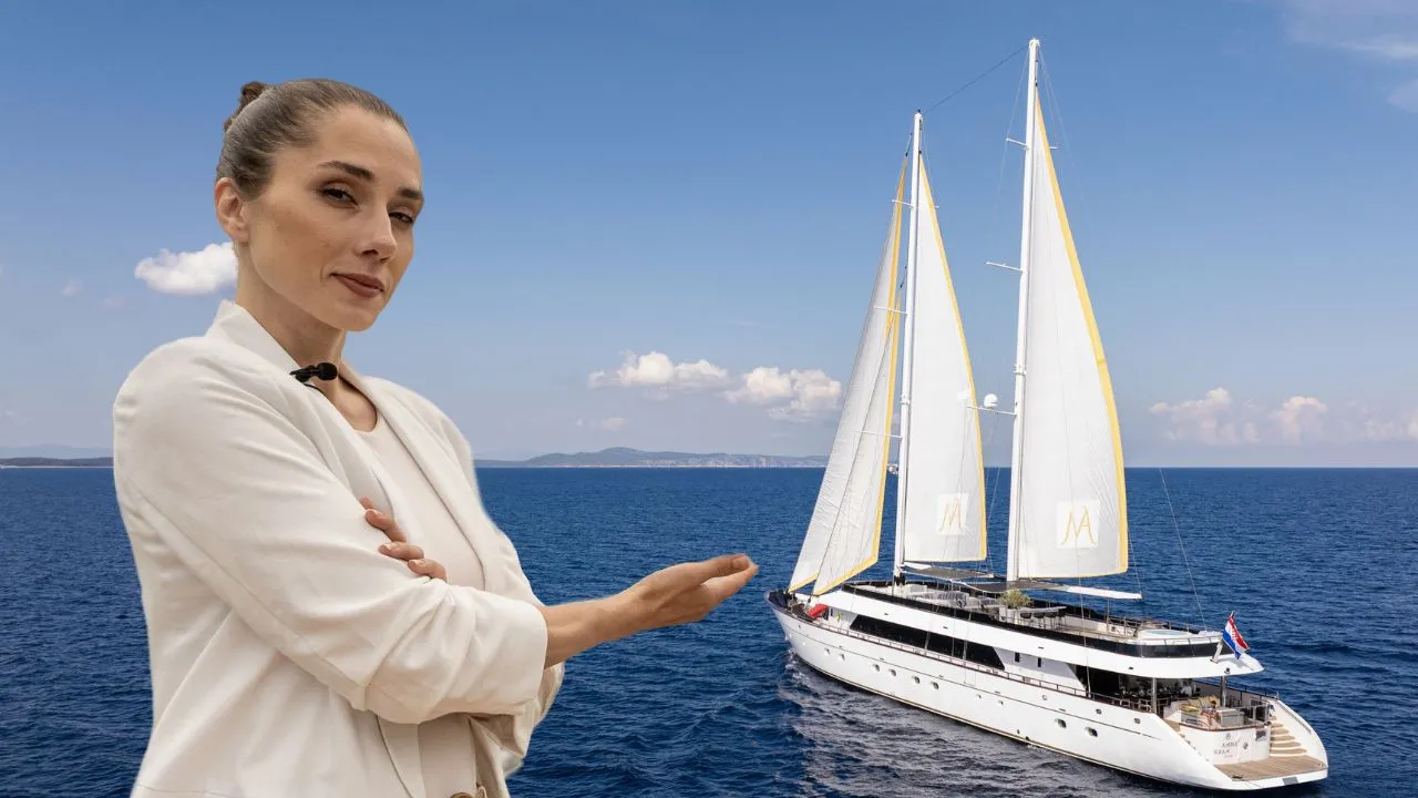 A woman in a white blazer stands with arms crossed, gesturing toward a large white sailboat on a calm blue sea under a clear sky.