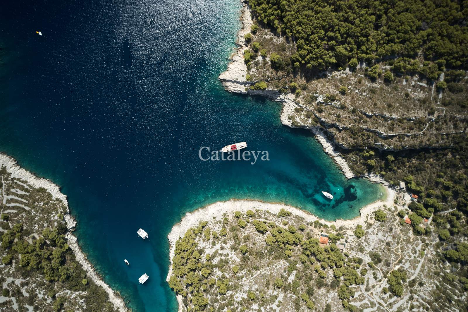 CATALEYA Aerial view of boats anchored in a small turquoise bay with steep rocky shores and dense green trees, surrounded by clear, deep blue water and rugged coastline. The word Cataleya is centered on the image.
