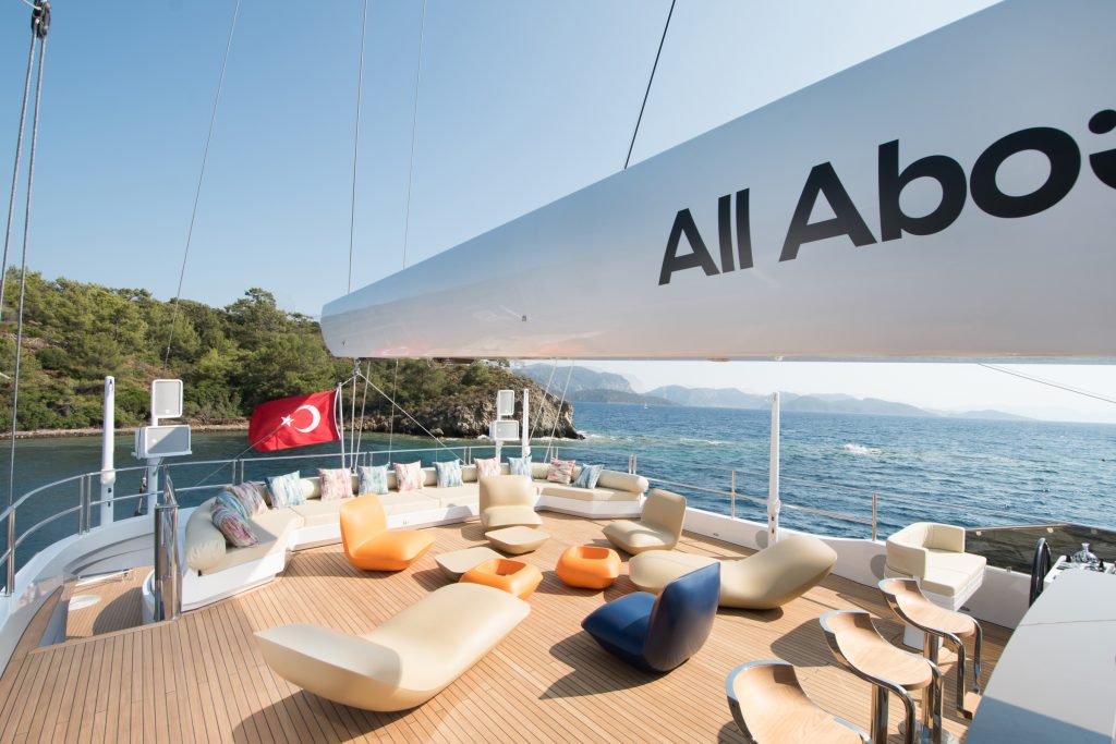 A spacious yacht deck with modern lounge chairs and cushions, a Turkish flag, bar stools, and a view of the sea, distant mountains, and nearby trees under a clear sky. All Abo is visible on the yachts boom.