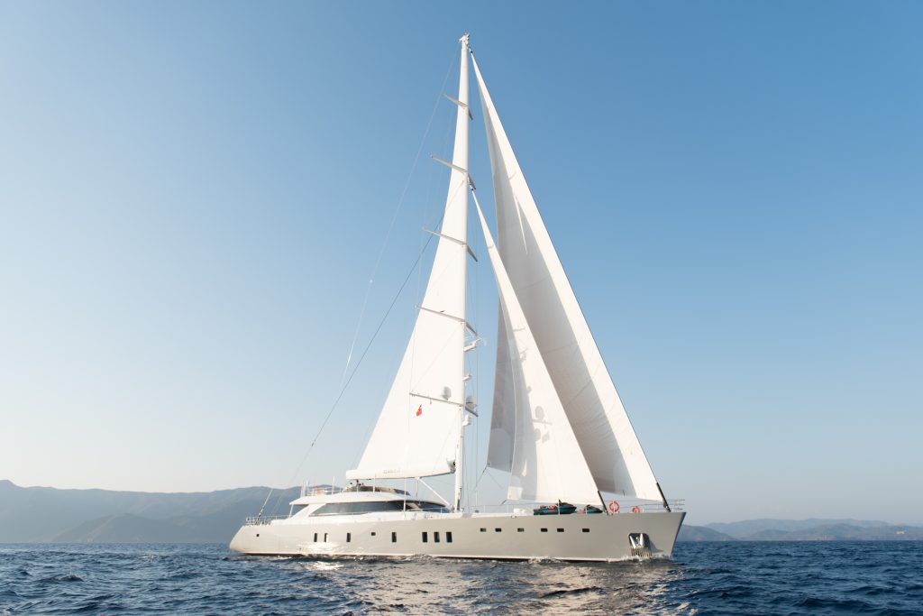 A large white sailing yacht with tall masts and full sails glides on calm blue water, with distant mountains and a clear sky in the background.