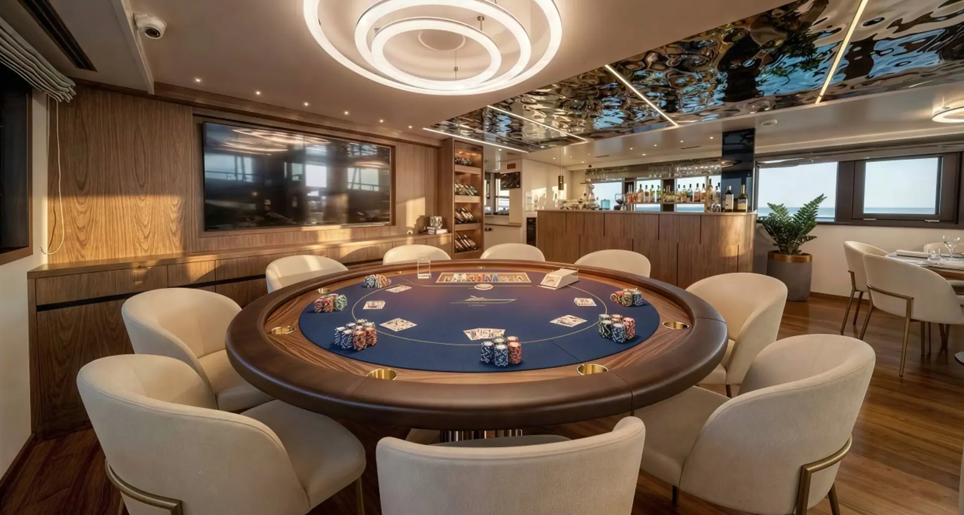 A luxurious poker room with a round table set for a game, surrounded by cream chairs, with poker chips and cards laid out. The room features modern lighting, wood accents, a large TV, and a bar in the background.