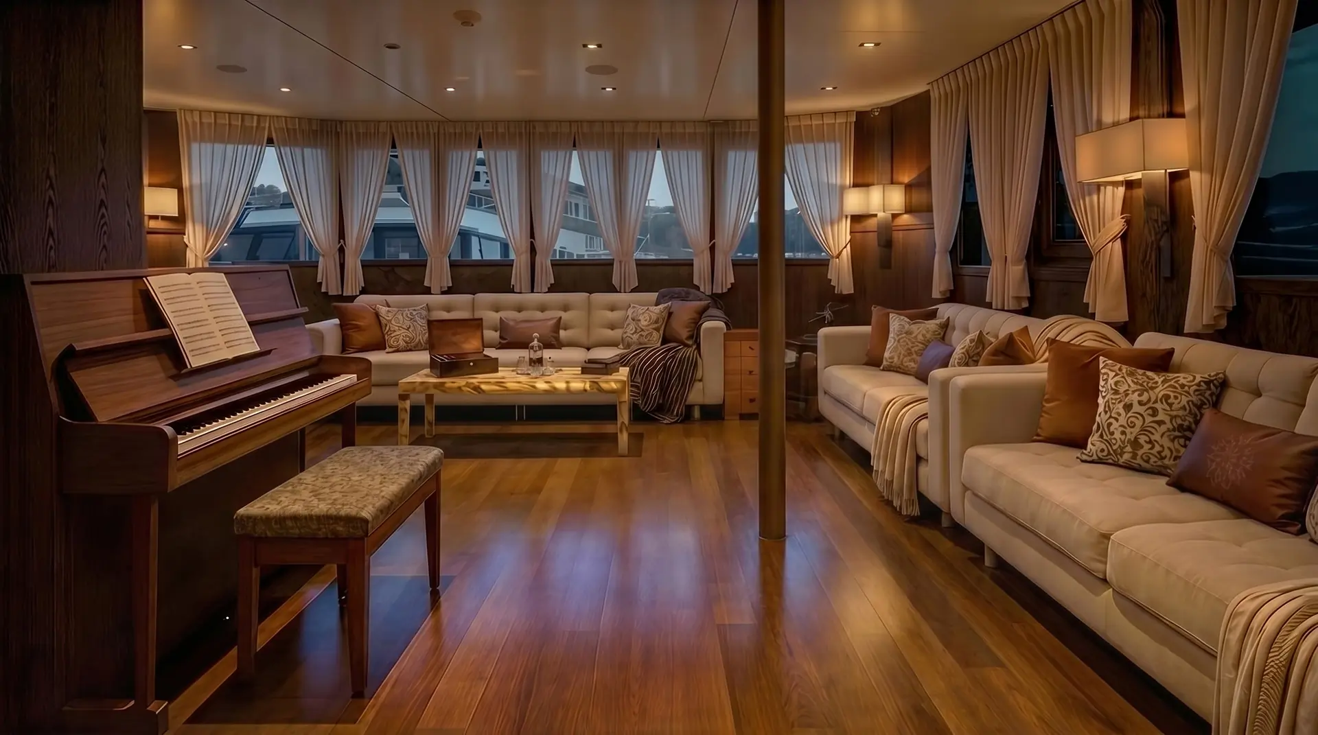 A spacious, warmly lit living room with wooden floors, beige sofas, a piano with sheet music, a central coffee table, and large windows with sheer curtains, creating a cozy and elegant atmosphere.