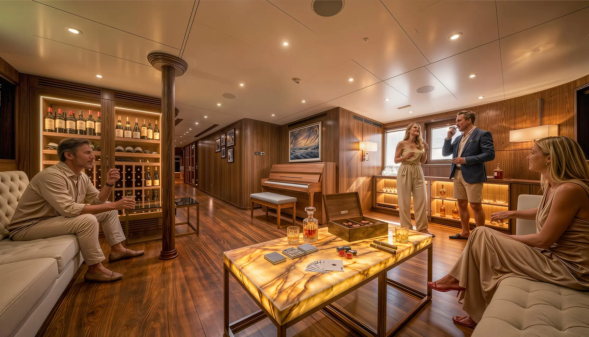 Four people socialize in a luxurious yacht lounge with wood-paneled walls, a piano, a wine display, and a glowing coffee table set with cards, drinks, and snacks. Everyone appears relaxed and elegantly dressed.