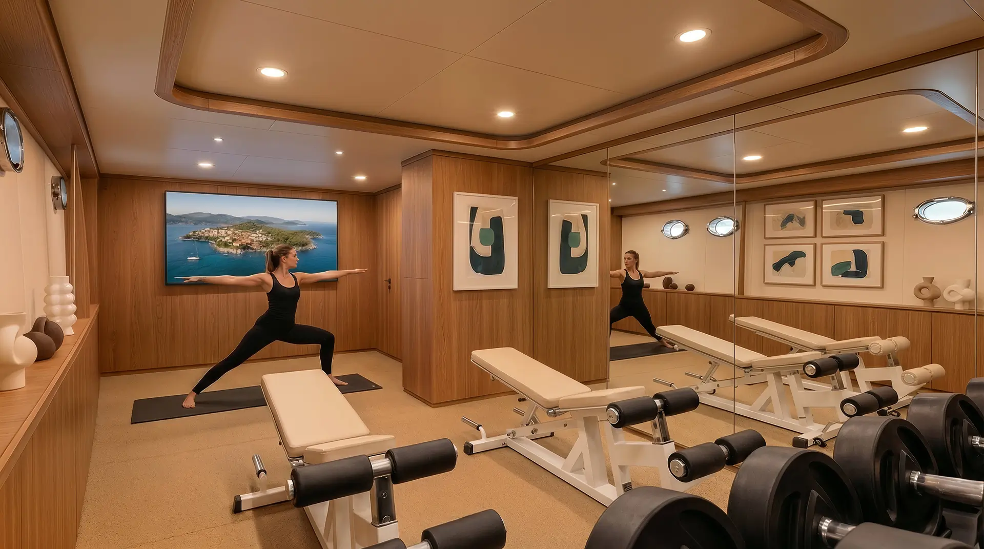 A woman practices yoga in a well-lit gym with wooden walls, mirrored panels, benches, dumbbells, and modern artwork. She is in a warrior pose on a mat, and her reflection is visible in the mirror.