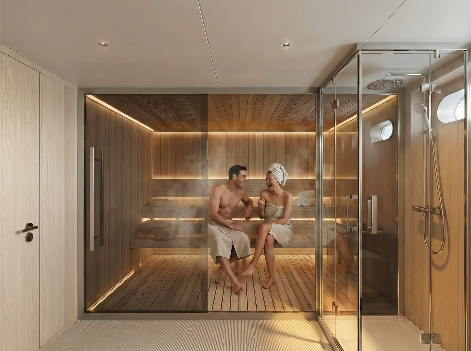 A man and a woman in towels sit and smile at each other inside a modern, wooden sauna, with soft lighting. A glass-enclosed shower is visible on the right side of the room.