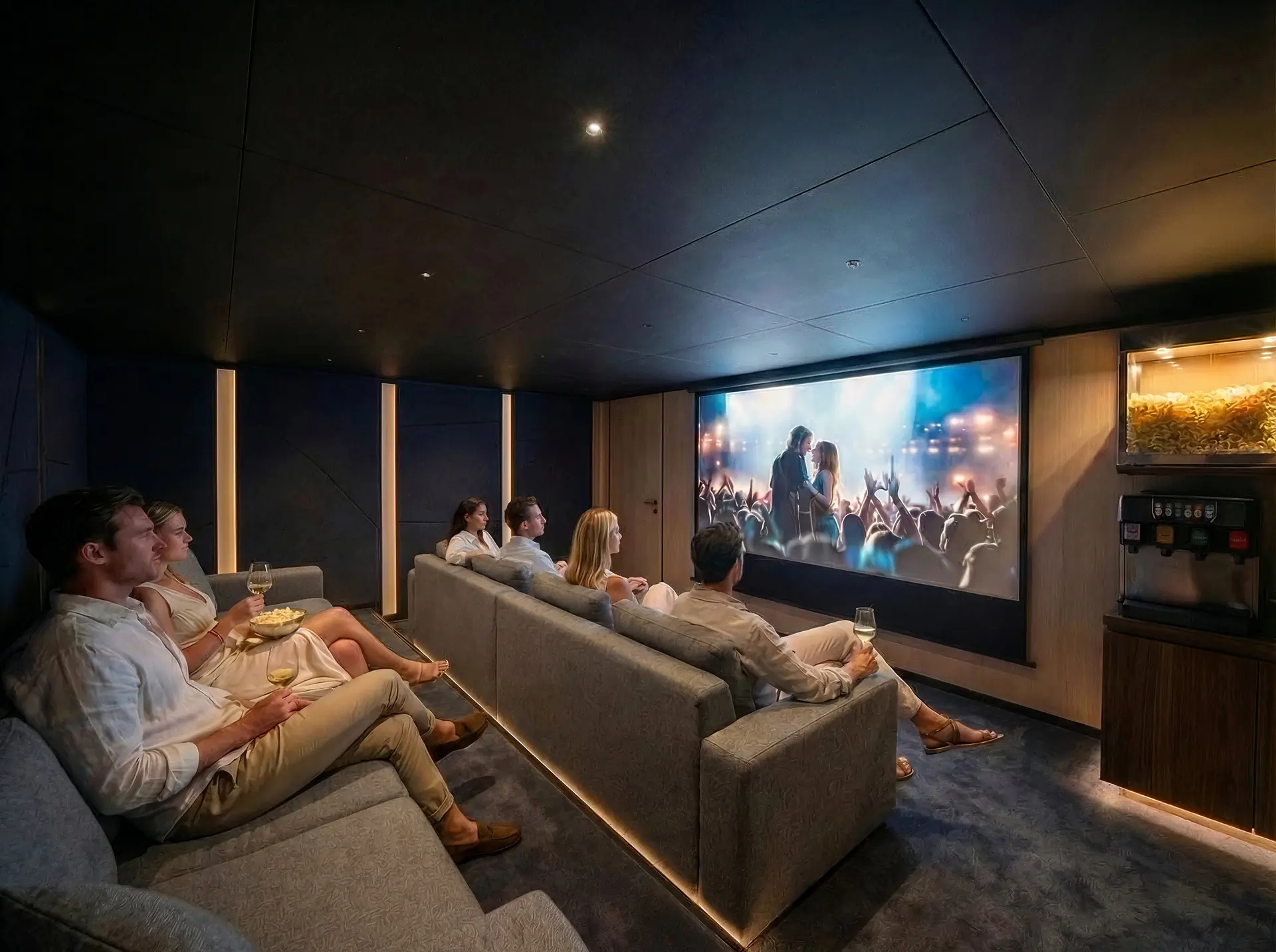 A group of six people sit on sofas in a modern home theater, watching a concert on a large screen. Some hold popcorn or drinks, and there is a popcorn and drink machine on the right side of the room.