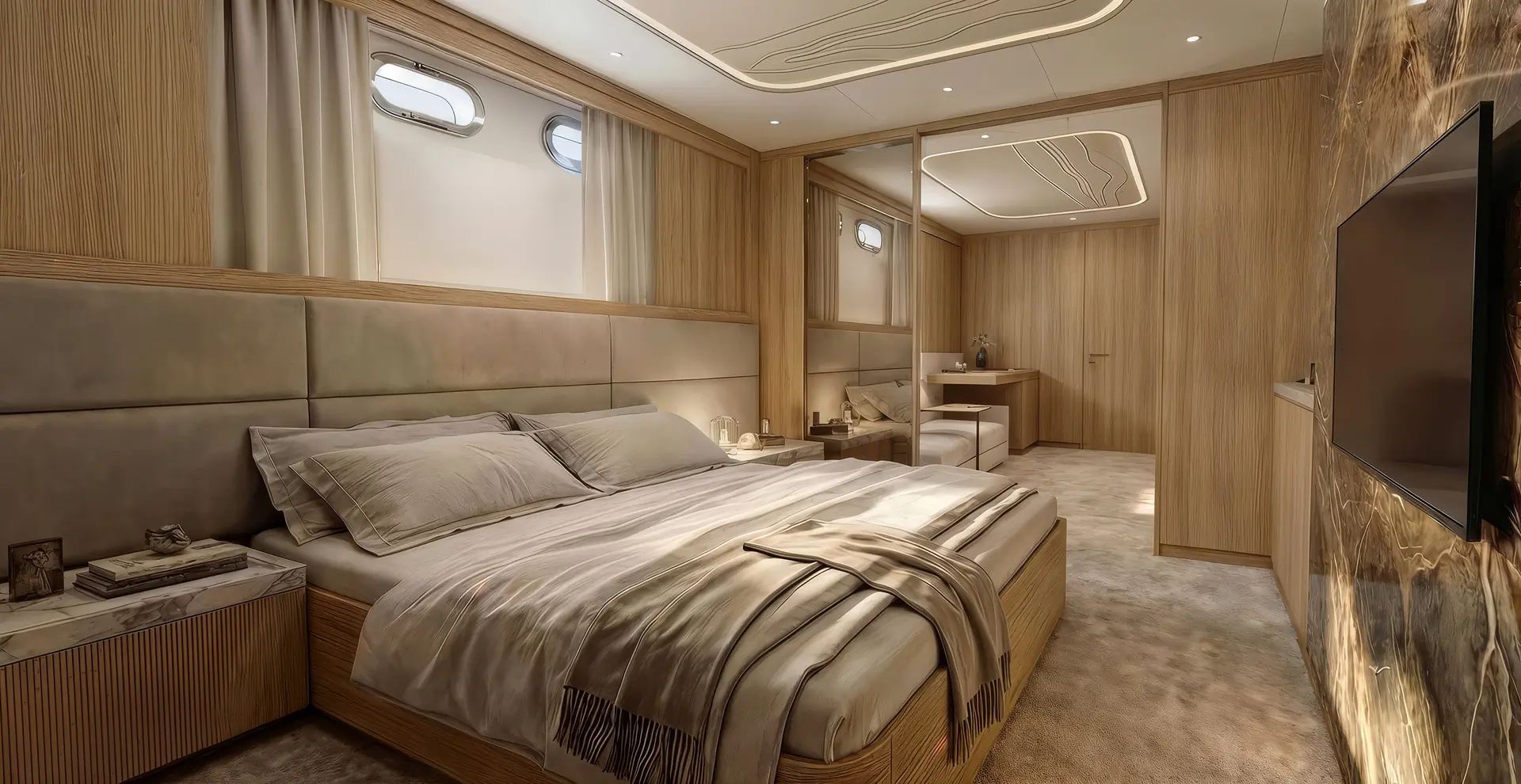 A modern bedroom with light wood paneling, a large bed with gray bedding, bedside tables, wall mirrors, small porthole windows, a desk with a chair, and a flat-screen TV on the opposite wall.