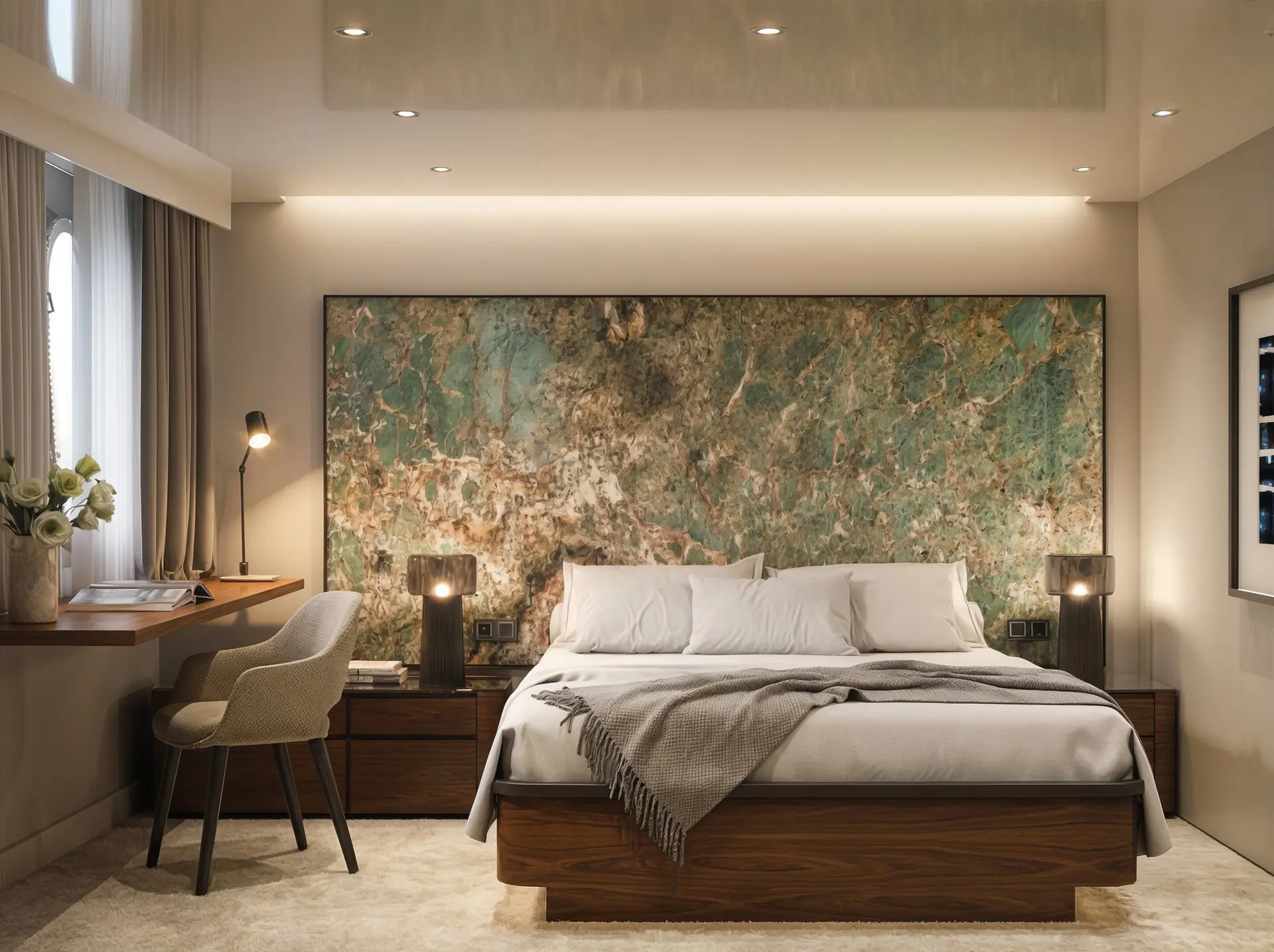 A modern bedroom with a large bed featuring white bedding and a gray throw blanket, flanked by two nightstands with lamps. Behind the bed is a textured green and brown accent wall. A desk and chair sit by a window with flowers.