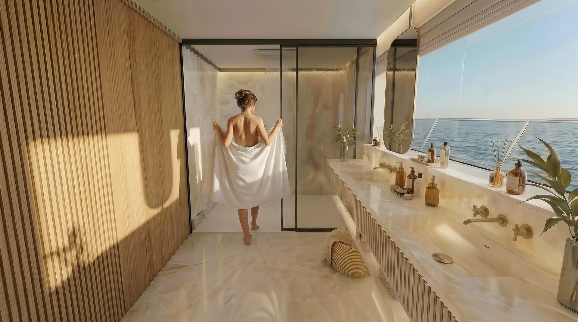 A woman wrapped in a towel walks into a modern, sunlit bathroom with large windows overlooking the sea, marble floors, a double sink, wood accents, and a glass-enclosed shower.