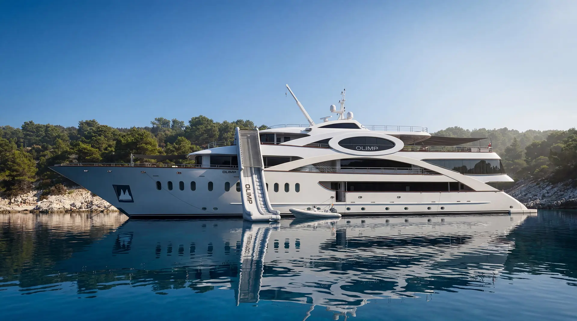 A large white luxury yacht with several decks floats on calm, clear blue water near a forested shoreline. A water slide extends from the upper deck to the water, and a small inflatable boat is tied alongside.