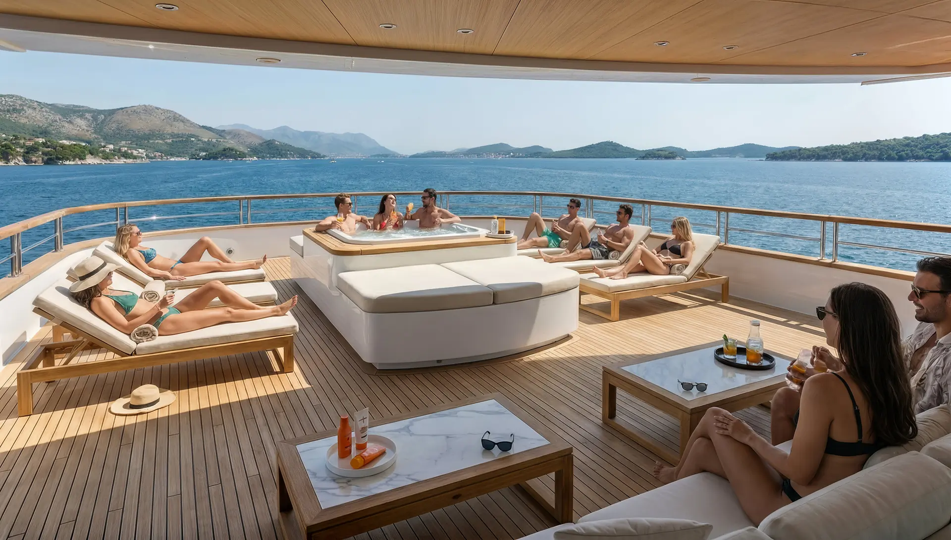 A group of people relax on sun loungers and in a hot tub on the deck of a luxury yacht, surrounded by blue sea and distant mountains under a clear sky. Drinks and sunglasses rest on nearby tables.
