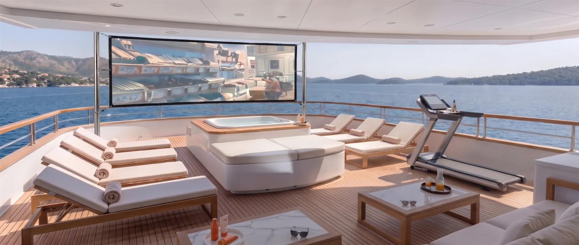 A luxury yacht deck features lounge chairs, a hot tub, a treadmill, and a large TV facing the sea. Drinks and fruit are on tables, with mountains and water visible in the background.