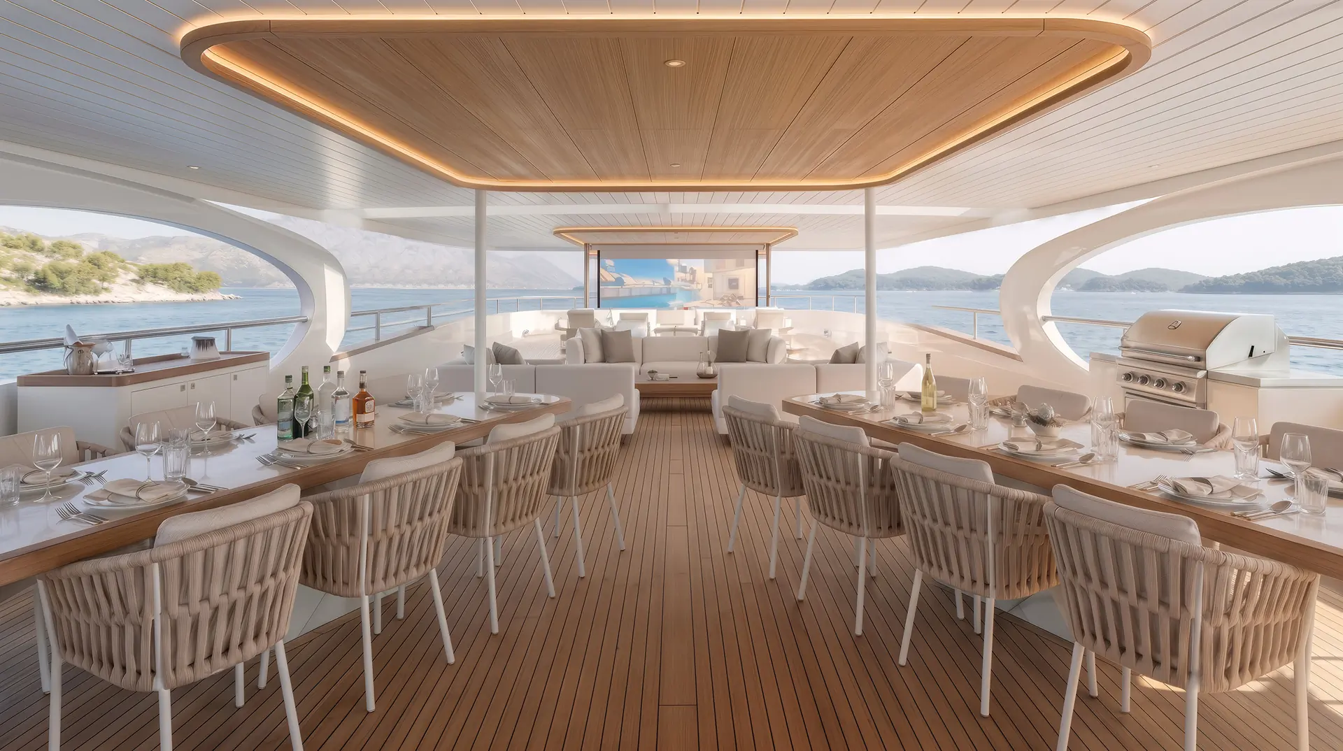 Luxurious yacht deck with two long dining tables set for a meal, white cushioned chairs, elegant tableware, a grill, and scenic views of the sea and distant green hills. The space is bright and modern.