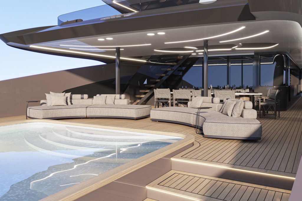 Luxurious yacht deck featuring a swimming pool, two curved sofas with cushions, a dining table with chairs, wooden flooring, modern lighting, and a staircase leading to the upper level.