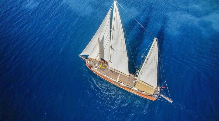 Aerial view of a sailboat with white sails gliding on deep blue water, creating gentle ripples as it moves. The boat is centered, surrounded by vast open sea.