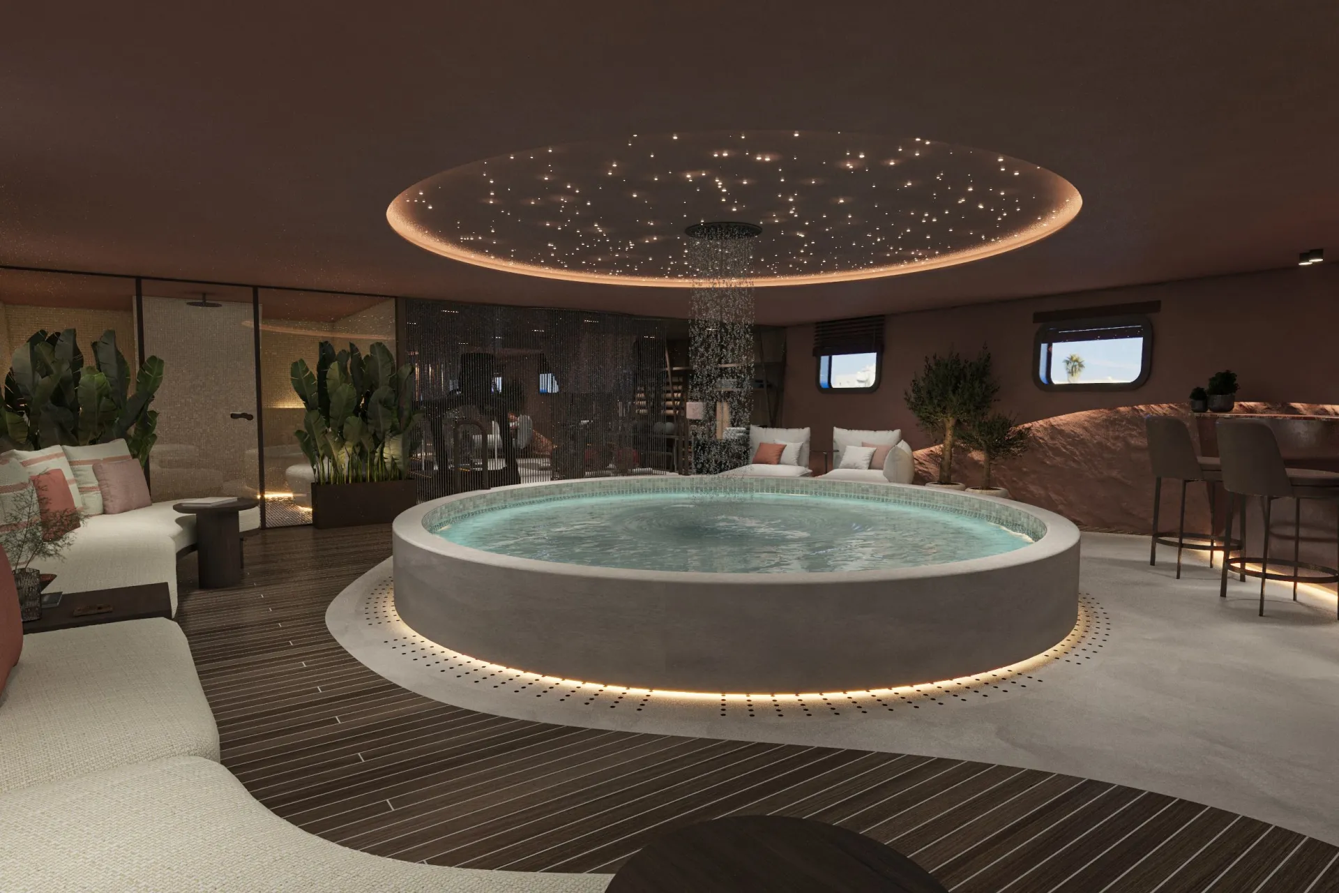 A luxury indoor lounge with a circular hot tub at the center, surrounded by cozy seating, soft lighting, plants, and a ceiling featuring sparkling star-like lights and a water feature.