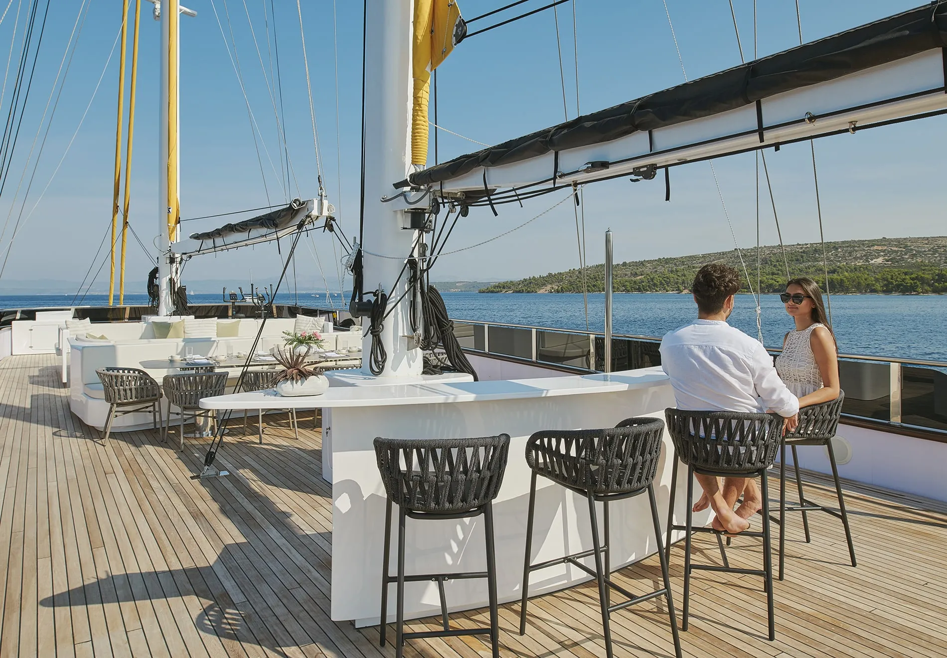 Her elegant design and soft color palette create a serene atmosphere. You and your group can savor your meals at two luxury dining