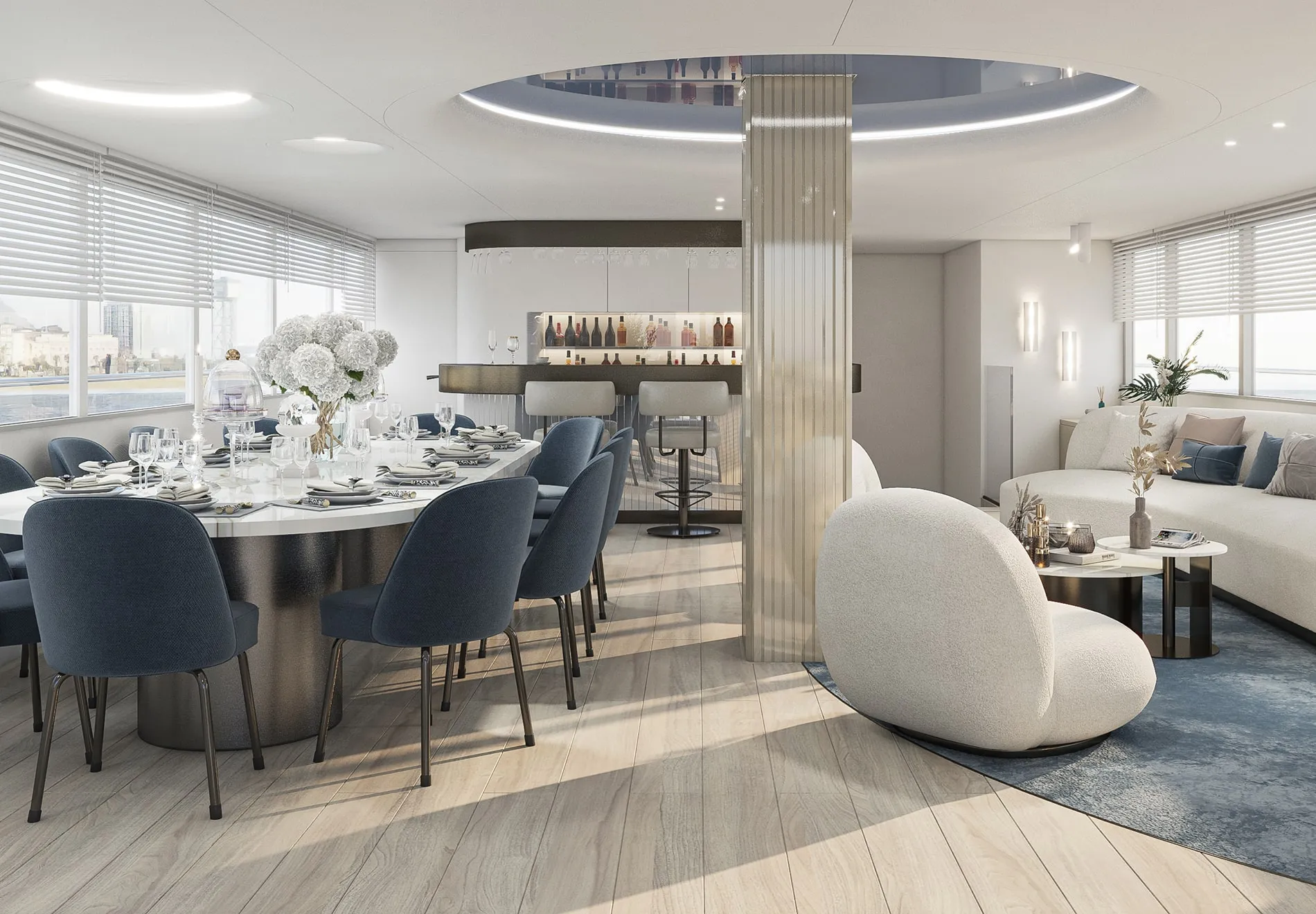 Inside, the bright and airy decor creates a serene oasis, perfect for dining, lounging, and socializing