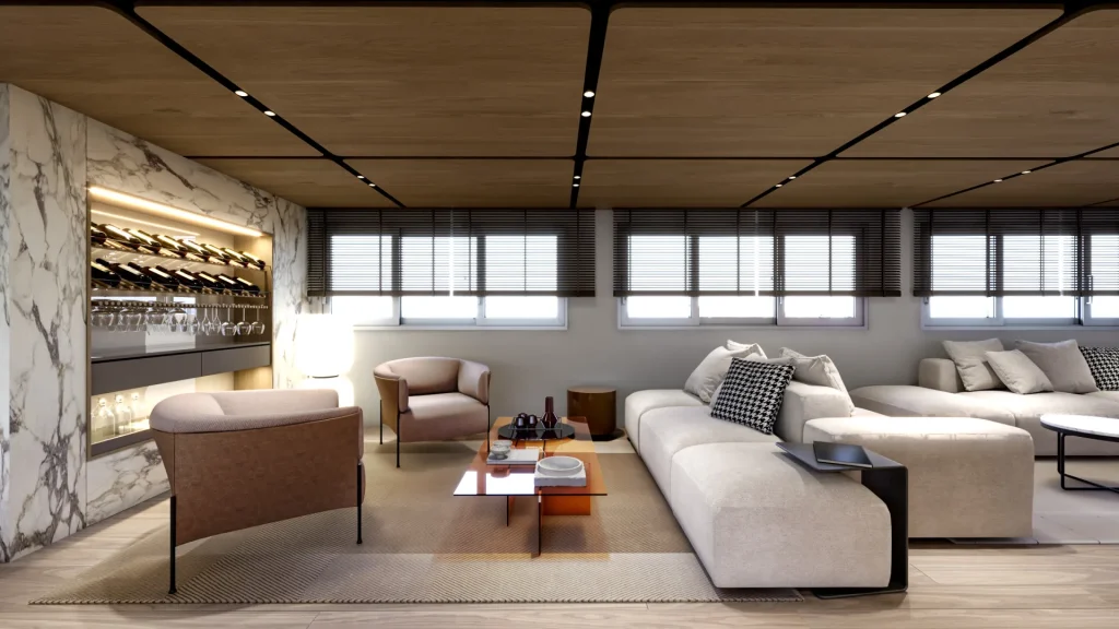 PREMIER Modern living room with beige sofas, two tan armchairs, a marble accent wall with a wine rack, large windows with blinds, a wooden ceiling, and a coffee table with decorative items. Warm, elegant, and contemporary design.