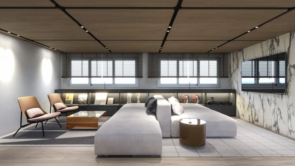 PREMIER Modern living room with a large gray sectional sofa, two brown chairs, a glass coffee table, and wall-mounted TV. The space features wood and marble accents, horizontal window blinds, and minimalist décor.