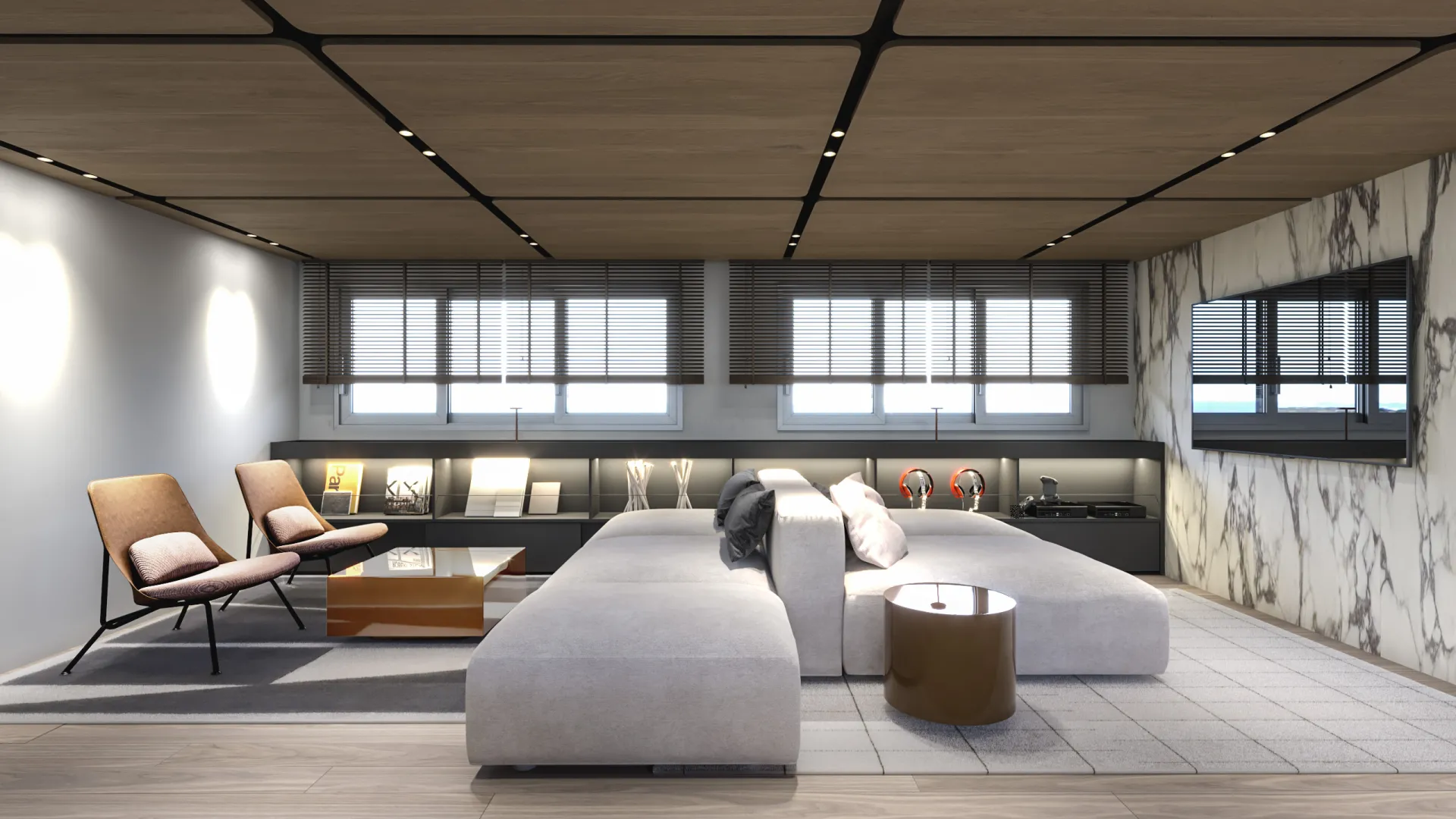 PREMIER Modern living room with a large gray sectional sofa, two brown chairs, a glass coffee table, and wall-mounted TV. The space features wood and marble accents, horizontal window blinds, and minimalist décor.