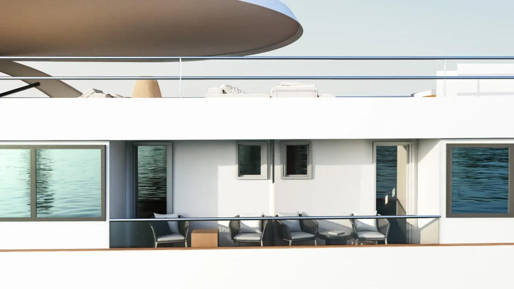 PREMIER A modern yachts deck with glass railings, outdoor seating, and large windows reflecting the water. The upper deck has lounge chairs under a shaded structure. The scene appears calm and sunny.