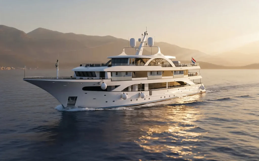PREMIER A large white luxury yacht sails on calm water at sunset, with mountains in the background and the golden sunlight reflecting off the sea.