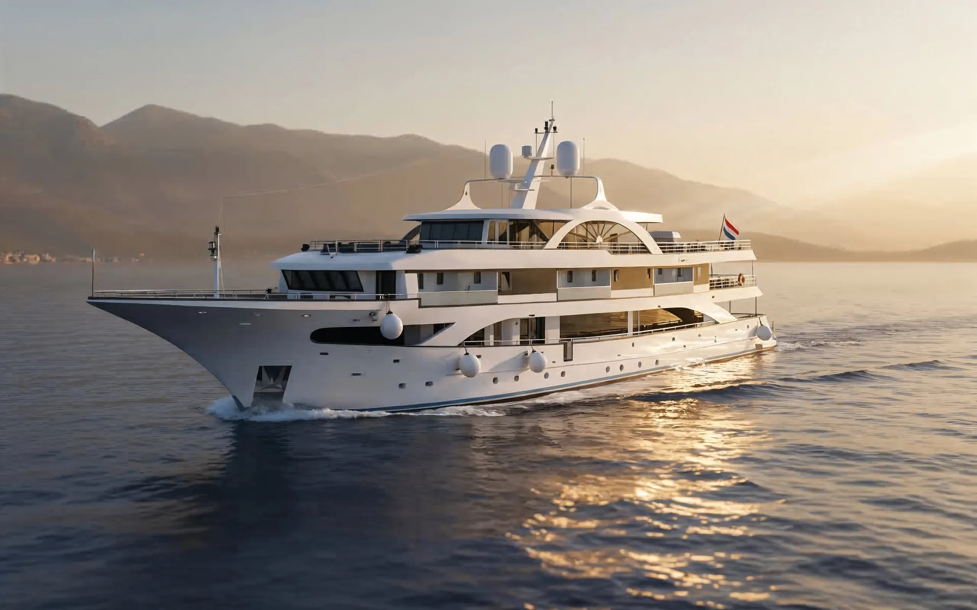 PREMIER A luxurious white yacht sailing on calm blue water at sunset, with mountains in the background and sunlight reflecting off the sea.