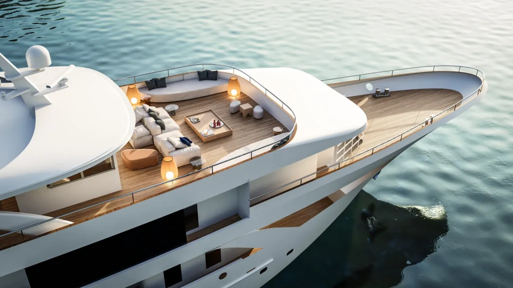 PREMIER A luxury yacht floats on calm water, featuring an elegant upper deck with modern outdoor seating, tables, lamps, and a circular couch area, all overlooking the sea.