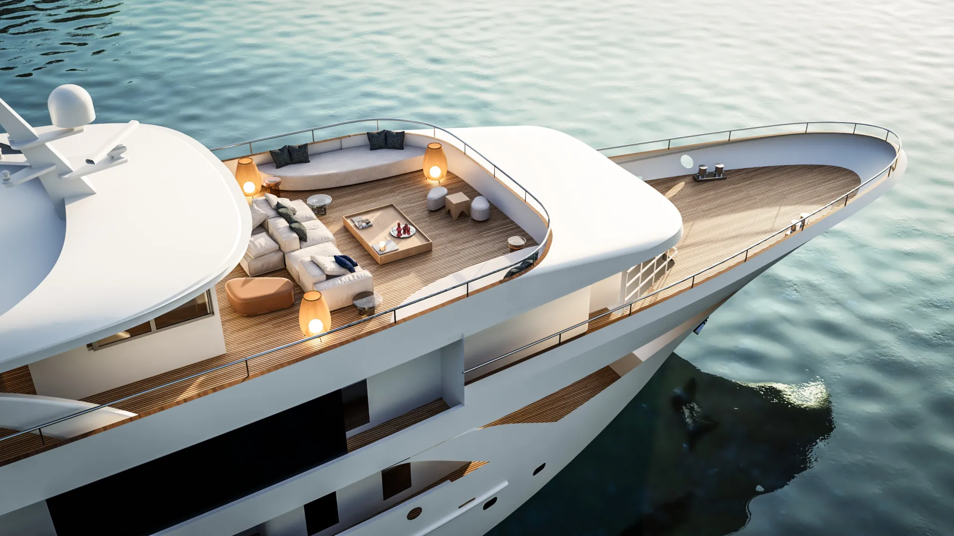PREMIER A luxury yacht is anchored on calm water, featuring an upper deck with stylish lounge seating, tables, lamps, and modern decor, offering a spacious and elegant area for relaxation and socializing.