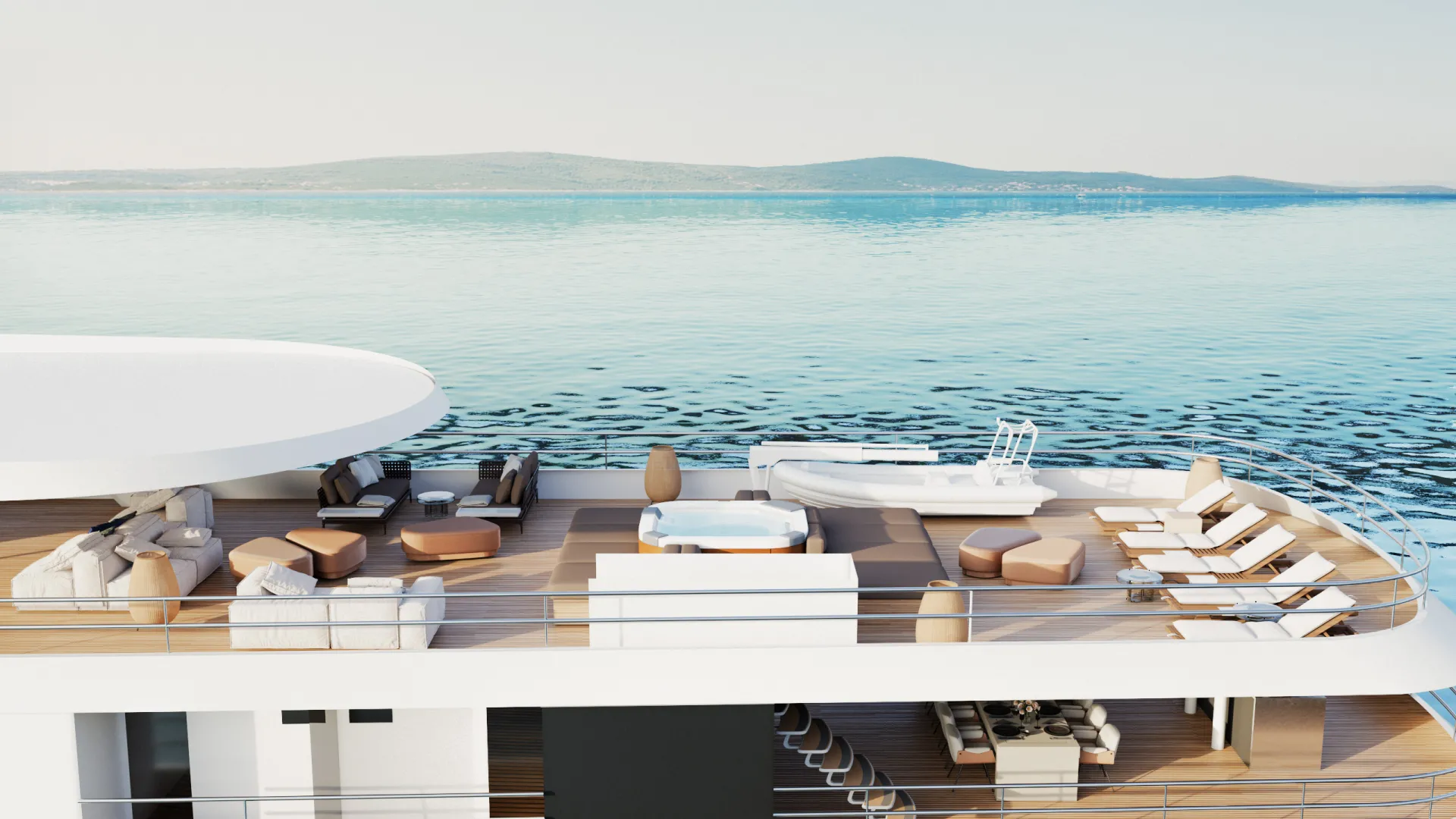 PREMIER A luxury yacht deck with lounge chairs, sofas, a hot tub, and a small boat, overlooking calm blue water and distant green hills under a clear sky.
