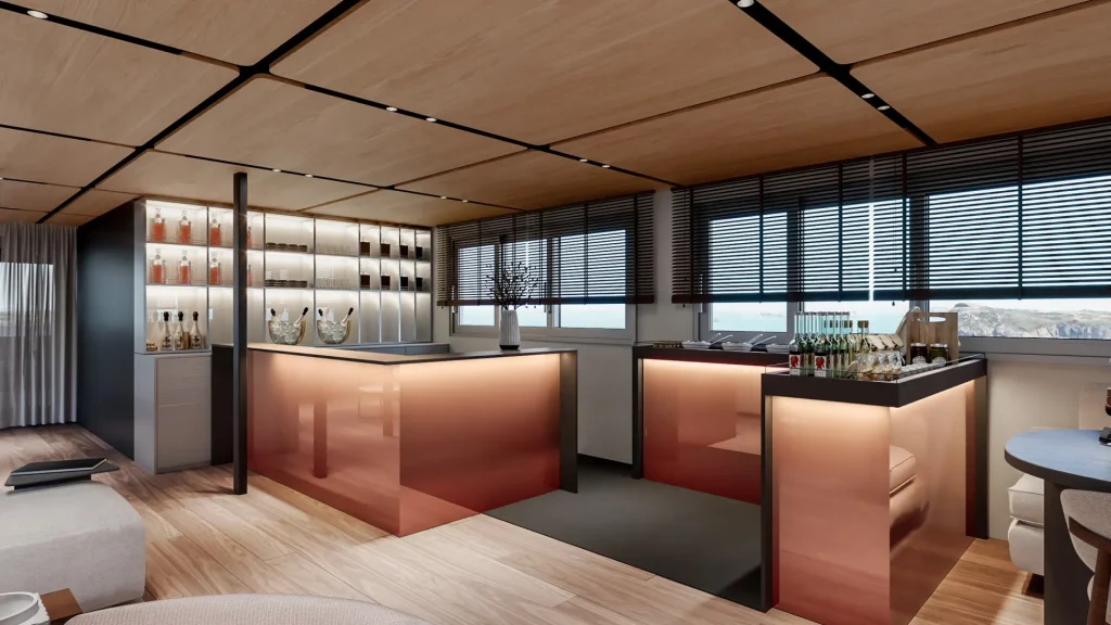 PREMIER Modern home bar with glossy copper counters, backlit shelves holding bottles, and large windows with blinds. A countertop has glasses and bottles arranged neatly, and there is wood paneling on the ceiling and floor.