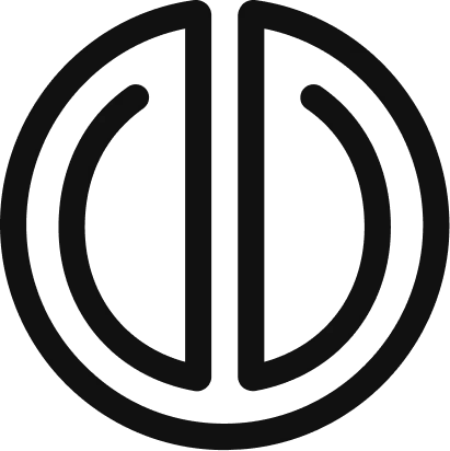 A black circular logo with two vertical bars in the center and two curved lines on each side, creating a symmetrical, abstract geometric design.