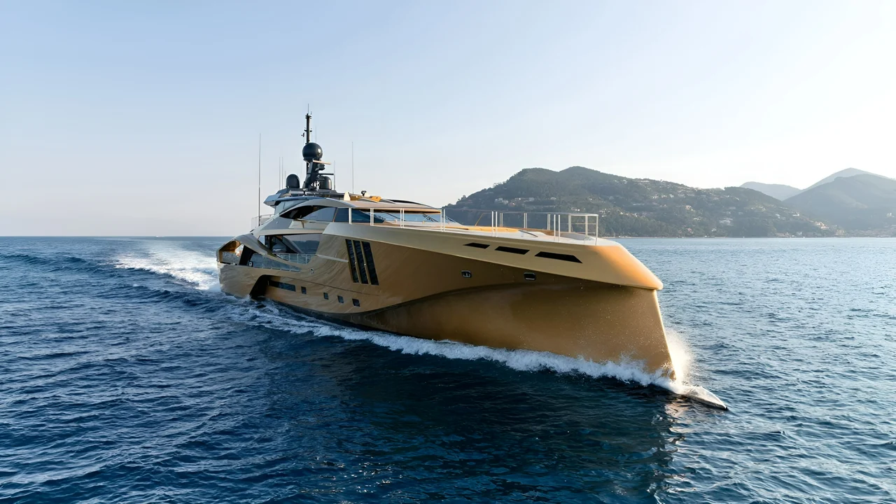 A sleek, gold-colored luxury yacht cruises swiftly on blue ocean water with lush, green hills and clear sky in the background.