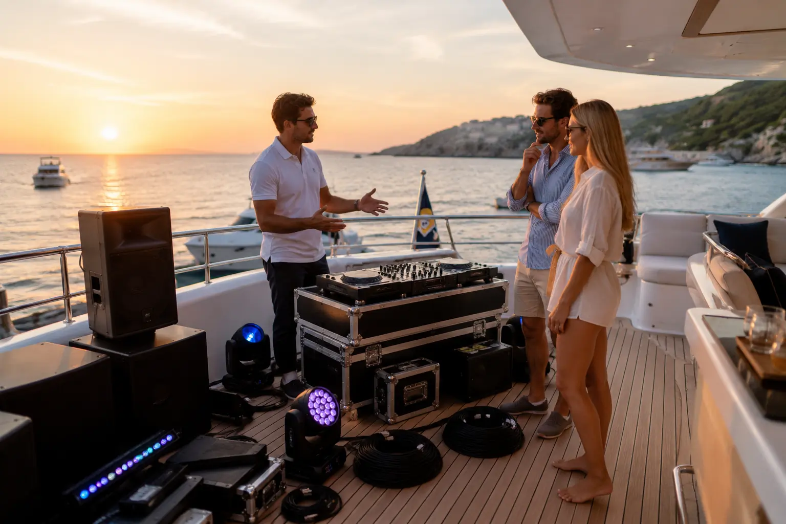 Three people stand on a yacht deck at sunset, talking near a DJ setup with speakers and lights. The sea and distant boats are visible, creating a lively, relaxed atmosphere.