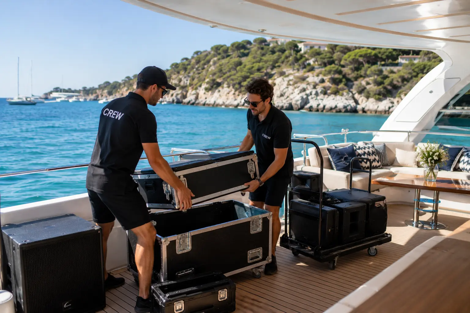 Two crew members in black uniforms lift equipment cases on the deck of a yacht, surrounded by luggage and gear, with blue water and a tree-lined shoreline visible in the background.