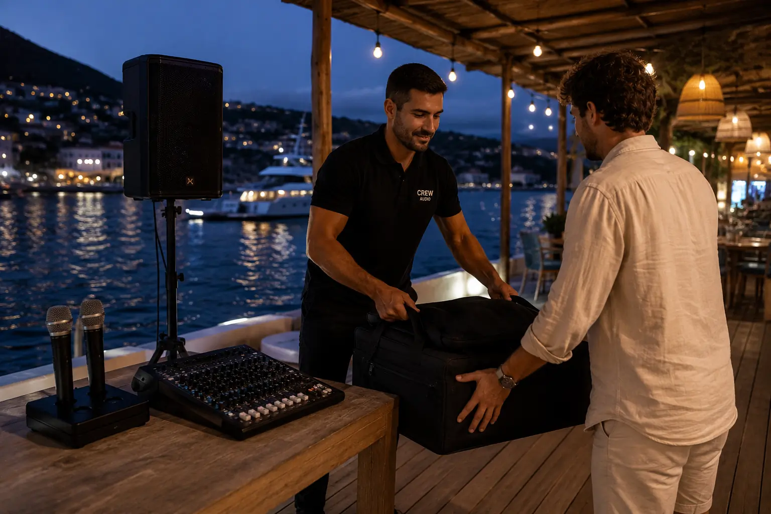 Two men set up sound equipment on a wooden deck by the water at dusk, with boats and string lights in the background. A sound mixer, microphones, and a speaker are on a table beside them.