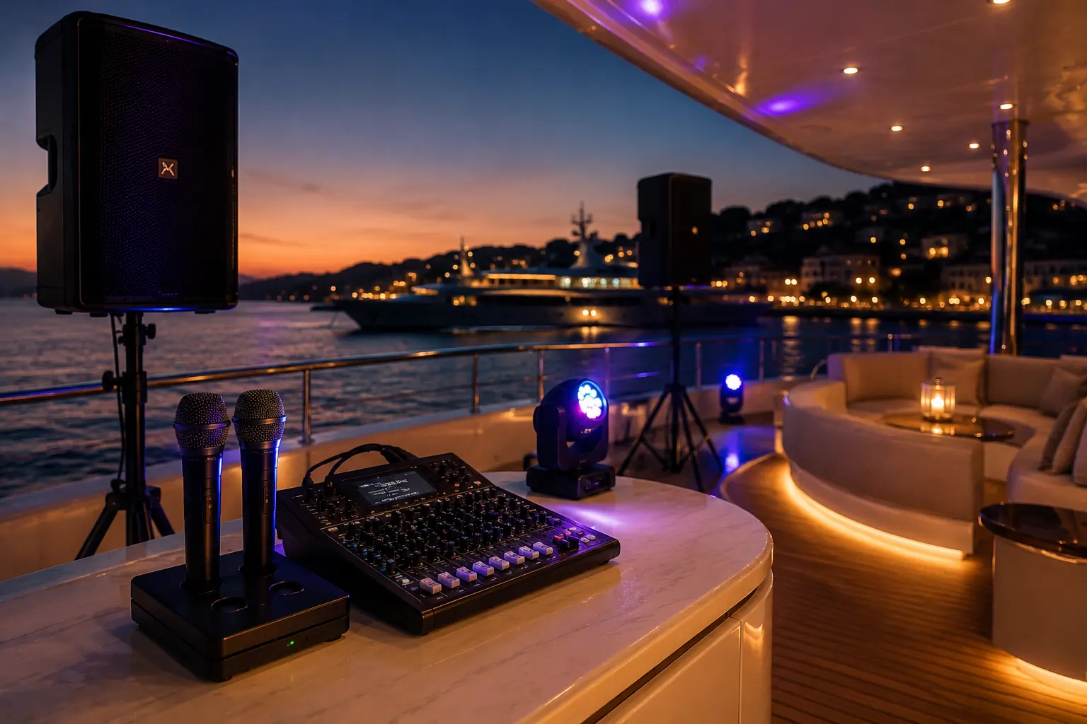 A luxurious yacht deck at sunset, featuring microphones, speakers, and audio equipment set up for an event, with glowing lights, comfortable seating, and a scenic waterfront view with yachts and illuminated buildings in the background.