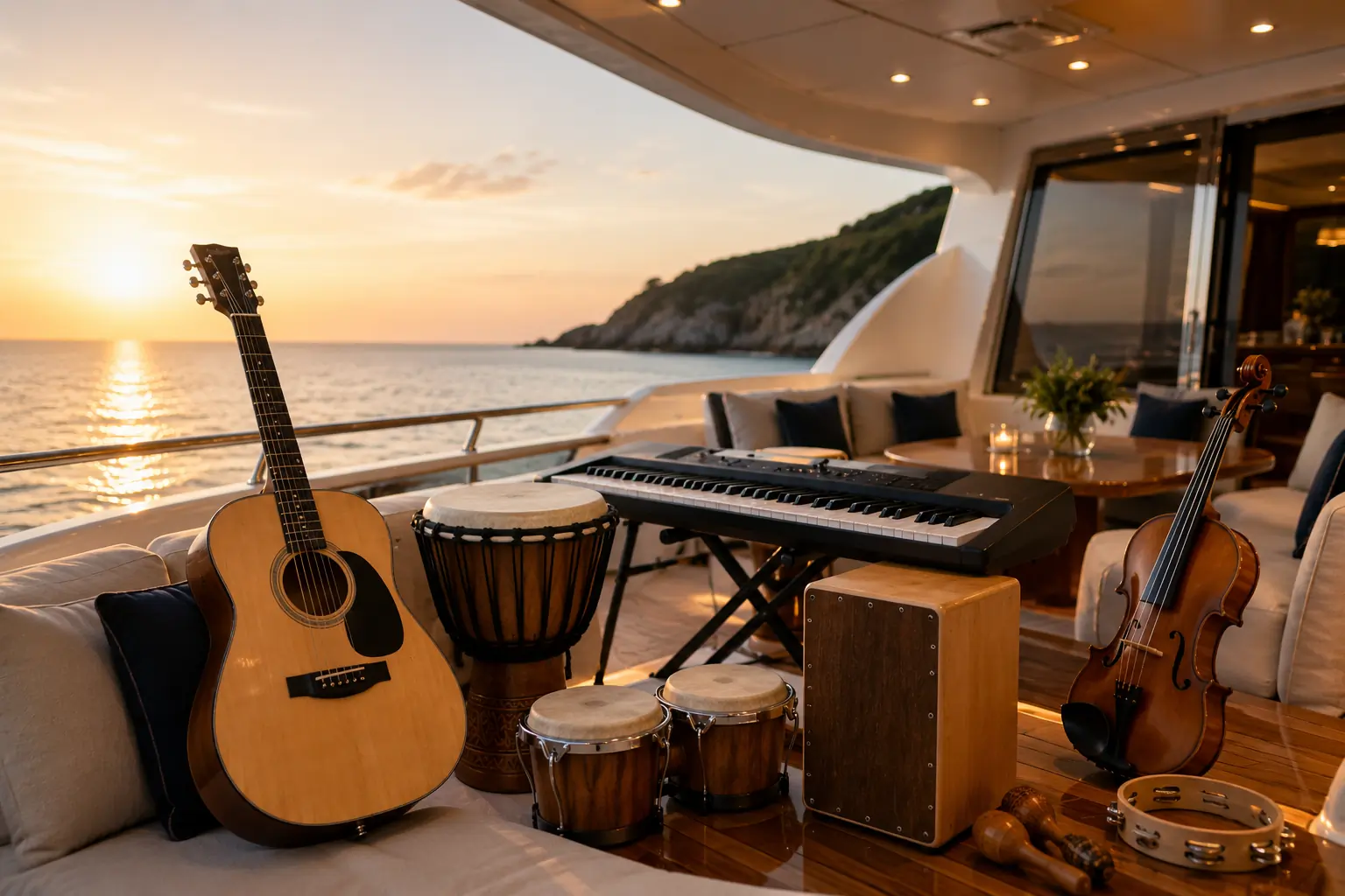 An acoustic guitar, violin, keyboard, hand drums, and a cajón are arranged on the deck of a yacht at sunset, overlooking a calm sea and distant hills.