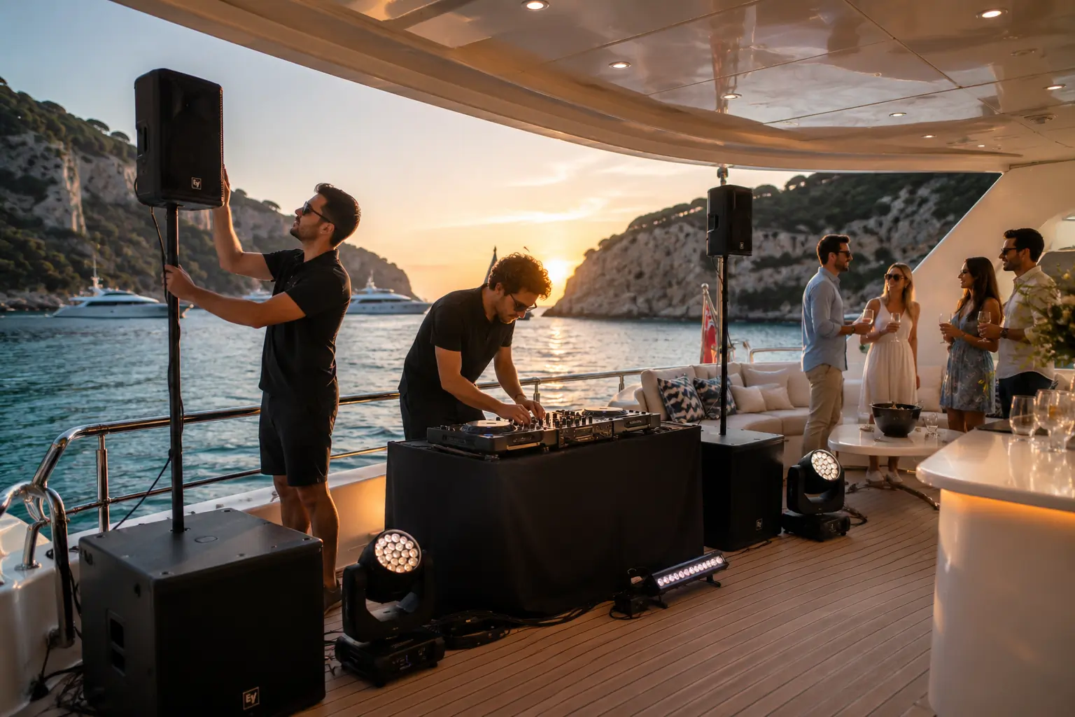 A DJ plays music on a yacht at sunset while guests socialize and a man adjusts a speaker. The yacht is on calm water with rocky cliffs and other boats in the background.