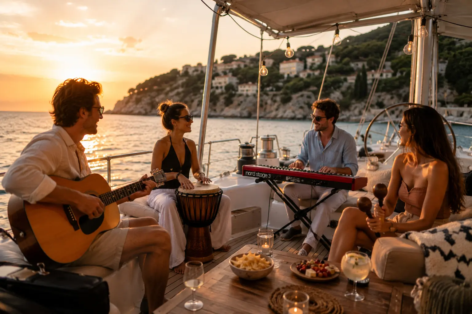 Four people play music together on a boat at sunset, with drinks and snacks on the table. One plays guitar, another drums, one plays keyboard, and another shakes maracas. Hills and houses are visible in the background.