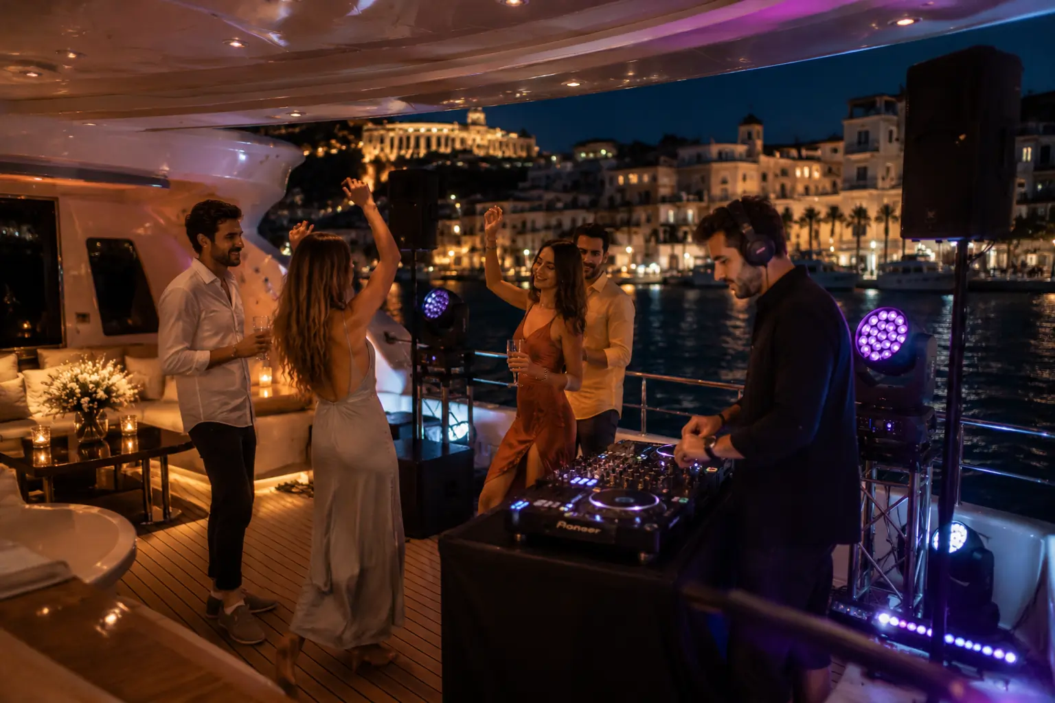 A group of people dance on a yacht at night, illuminated by soft lights, while a DJ plays music. City buildings and a lit-up historic structure are visible across the water in the background.