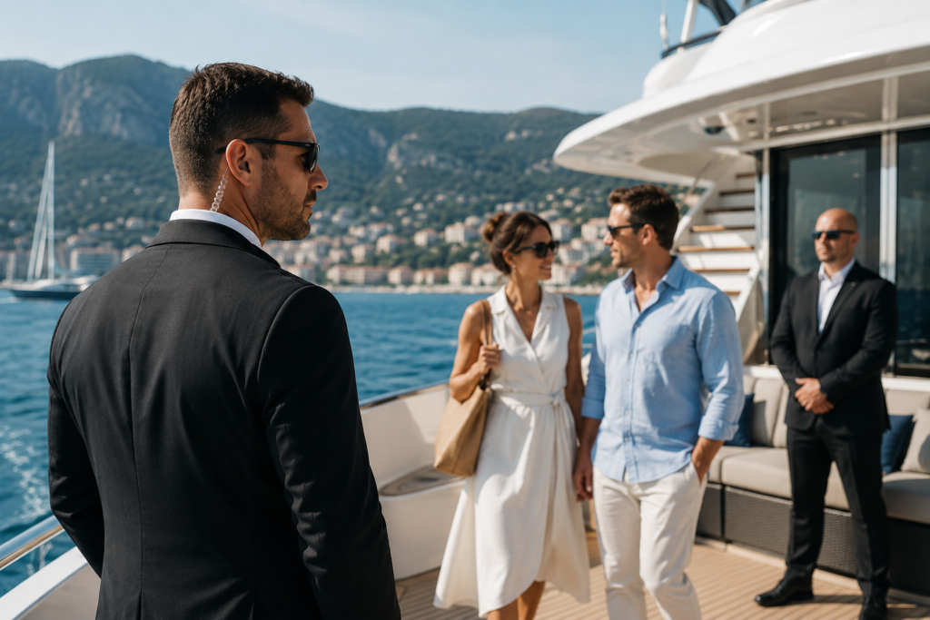 Two men in suits and sunglasses stand watchfully on a yacht, while a casually dressed man and woman talk together on deck, with mountains and water in the background.