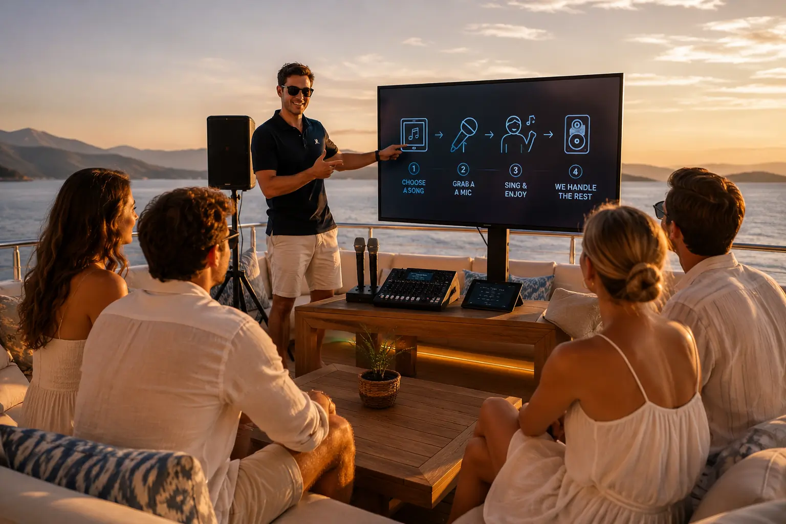 A man in sunglasses points at a TV screen with karaoke instructions as three people sit and watch on a yacht at sunset. The scene is relaxed and outdoors, with microphones and audio equipment visible.