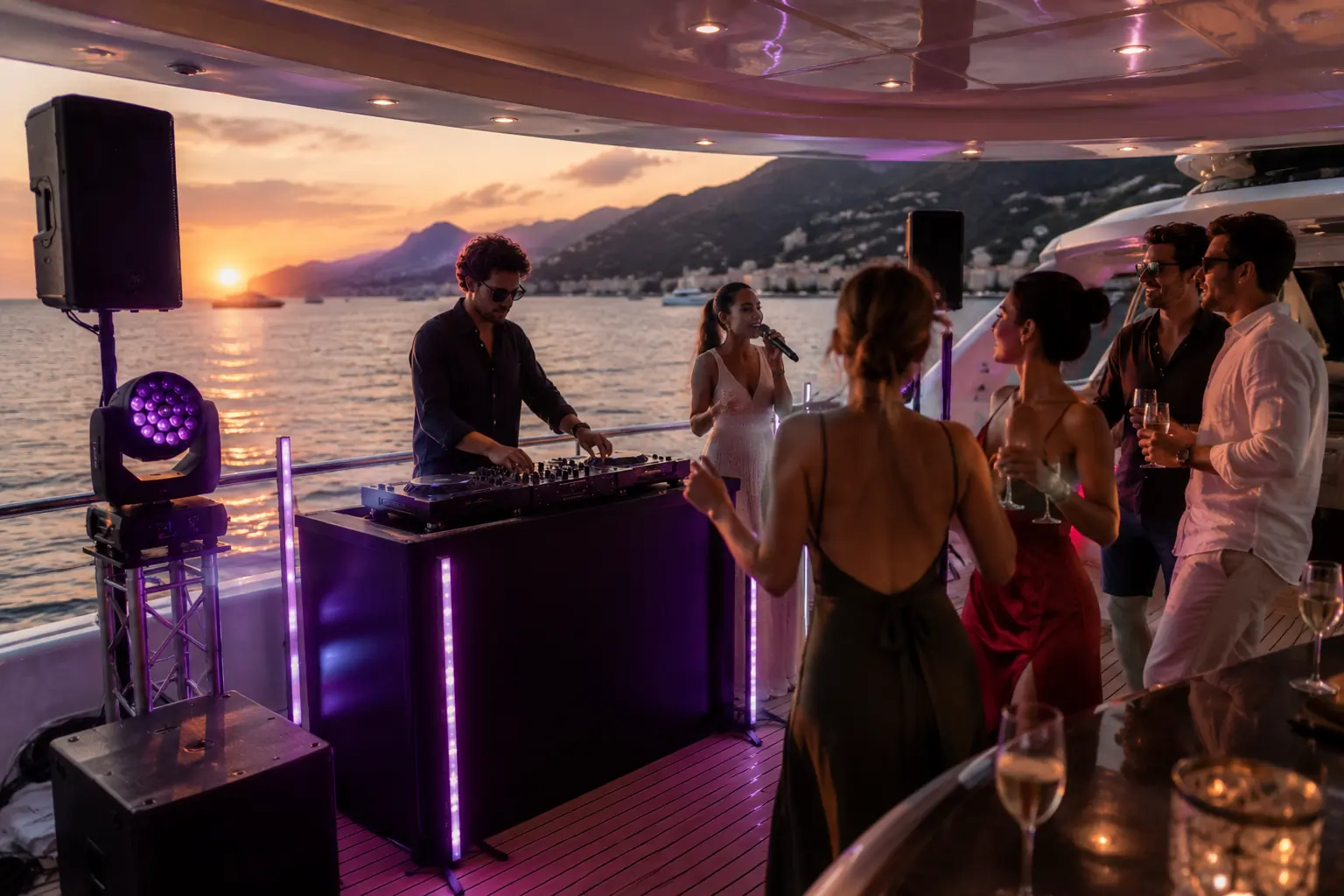 A group of people enjoy a sunset party on a yacht, dancing near a DJ and singer performing with speakers and lights, with mountains and the sea in the background.