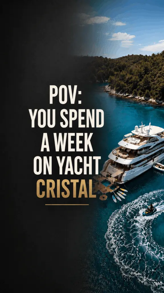 A luxurious white yacht anchored near a lush, green coastline with clear blue water, paddleboards, and a jet ski nearby. Text reads: “POV: You spend a week on yacht Cristal.”.