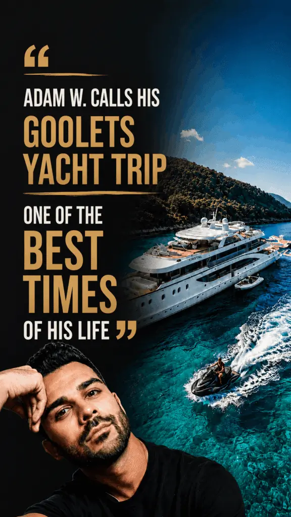 A luxury yacht cruises on clear blue water near a green hillside; a person rides a jet ski nearby. At the bottom, a man poses thoughtfully. Text reads: Adam W. calls his Goolets yacht trip one of the best times of his life.