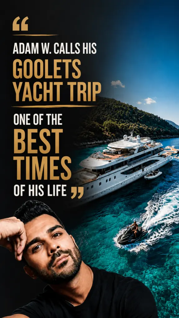 A man with a trimmed beard rests his head on his hand below text that reads, Adam W. calls his Goolets yacht trip one of the best times of his life, with an image of a luxury yacht and jet ski on blue water.