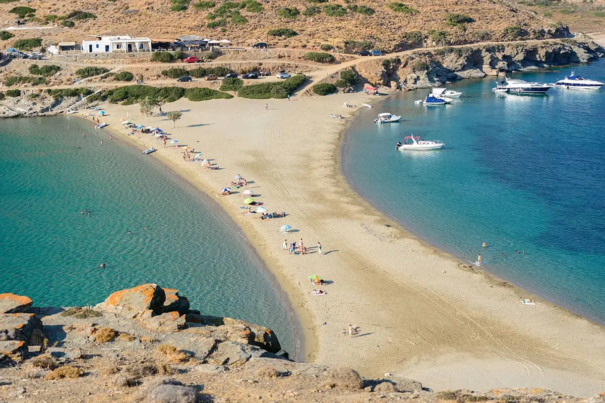 KYTHNOS GREECE -The Kolona double sided beach at Kythnos Greece as viewed from Aghios Loukas islet - Copy